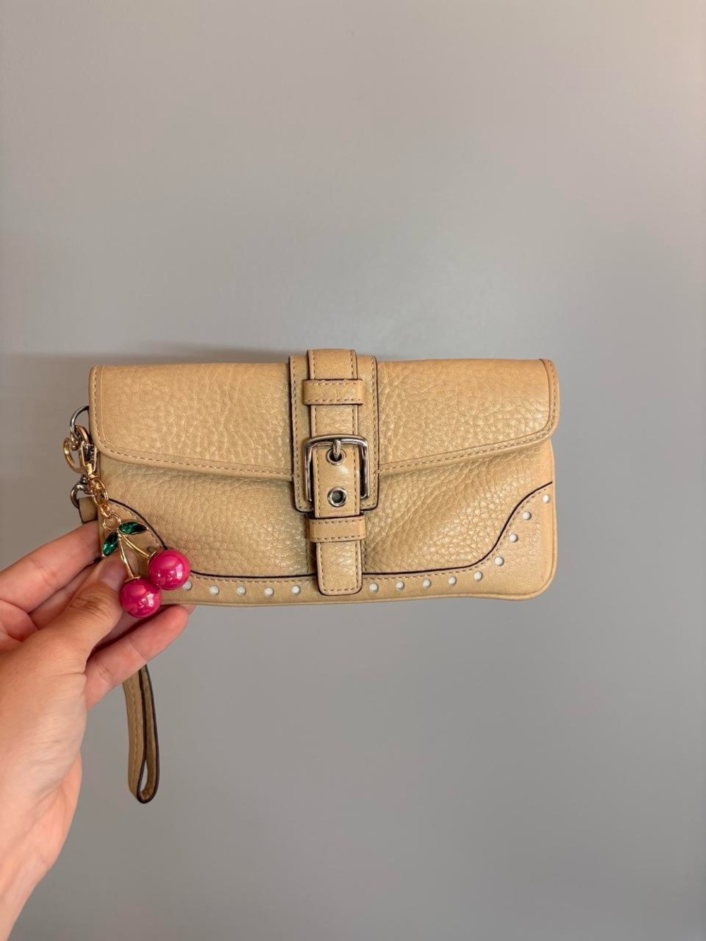 Y2K Coach Beige Leather Wristlet Clutch with Dot Detail